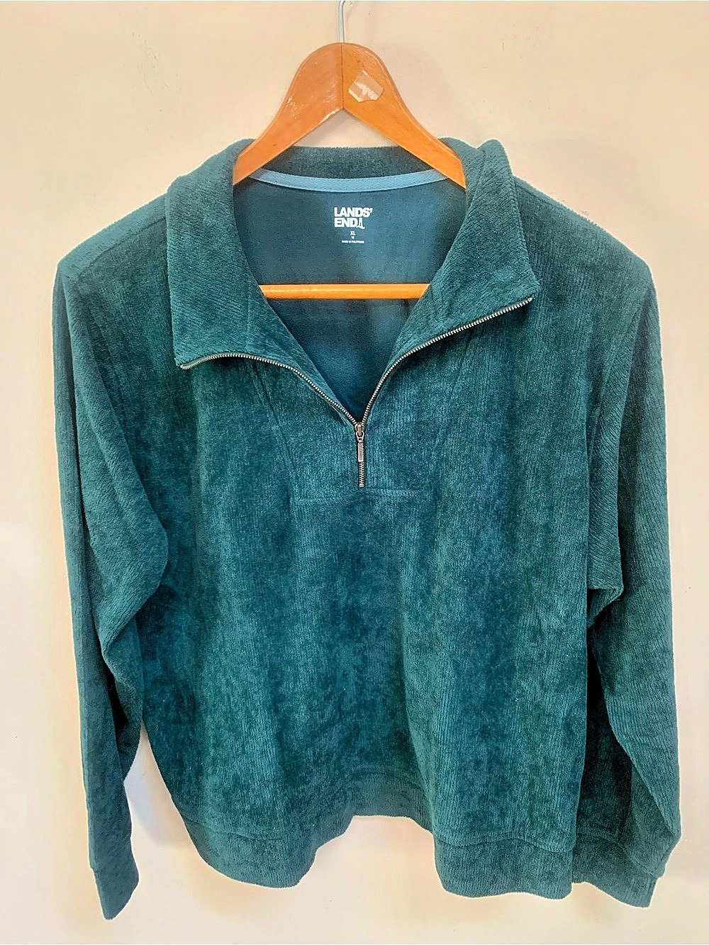 Lands' End Bedford Rib Green Quarter-Zip Pockets Pullover Size XL